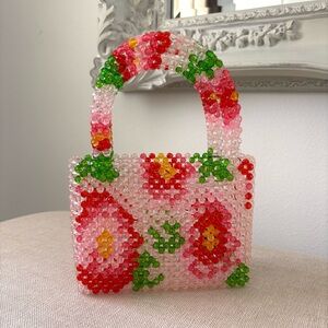 Anthropologie Small Beaded Tote Bag NWT Acrylic Floral Design Handmade